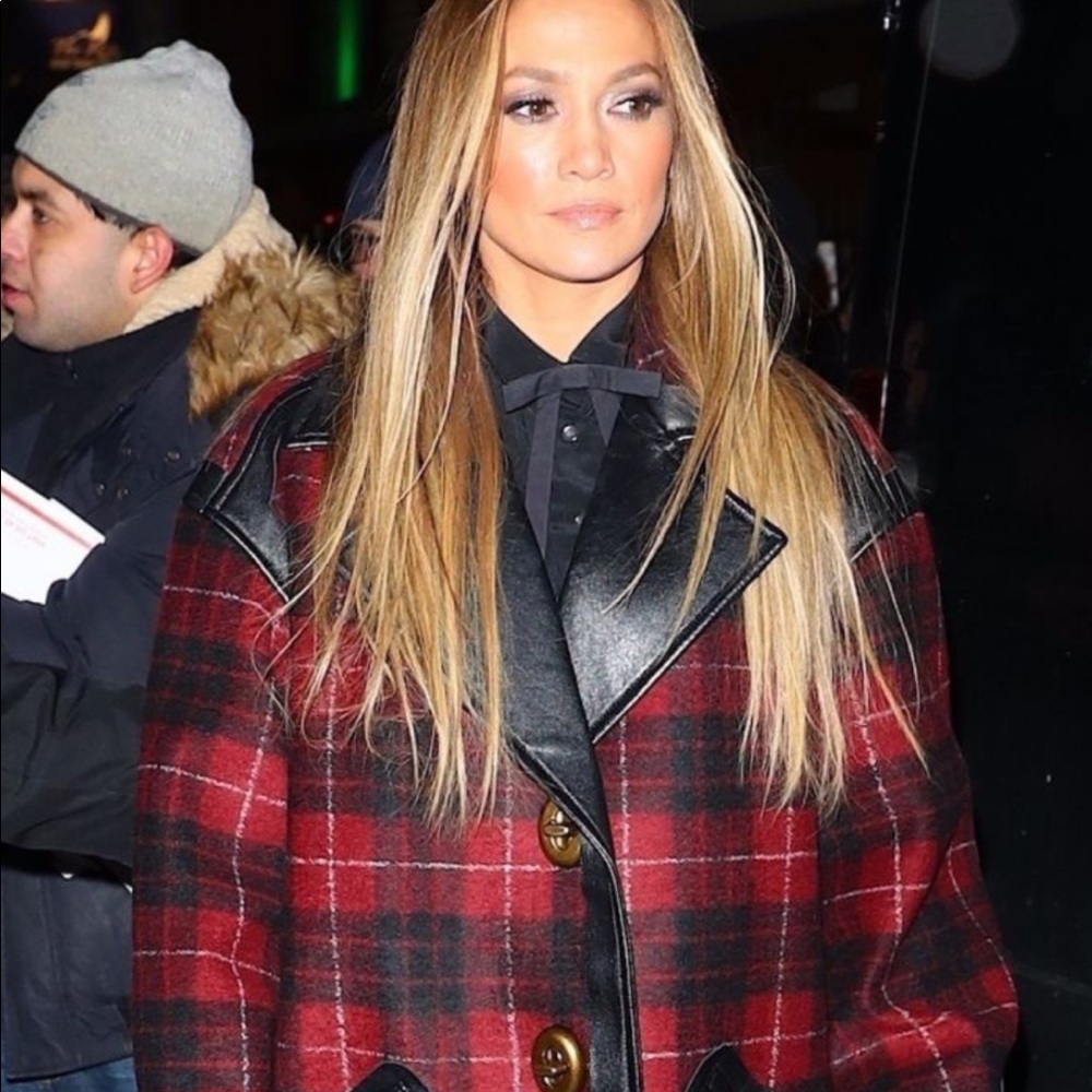 Wool plaid coat seen on J Lo
